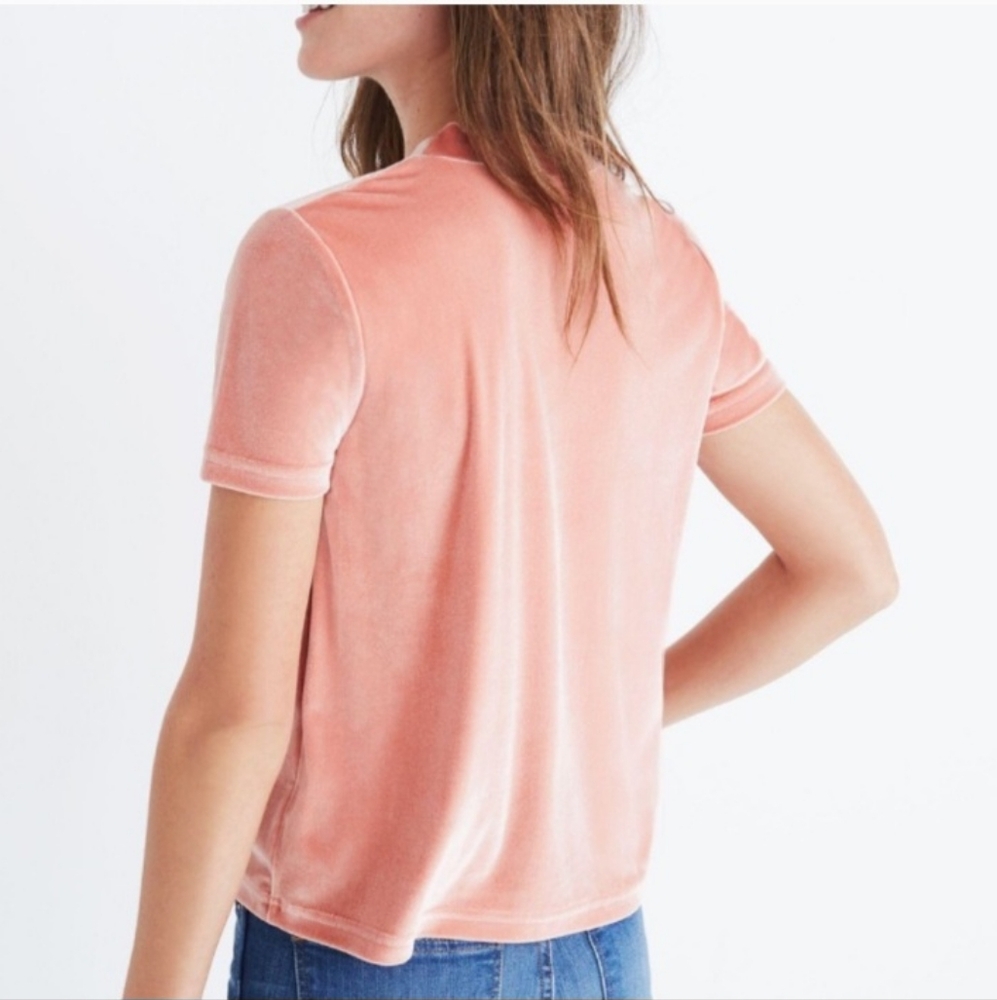Madewell Short Sleeve Velvet Tie Neck Top Size Medium Boho Dried Coral - Picture 3 of 11